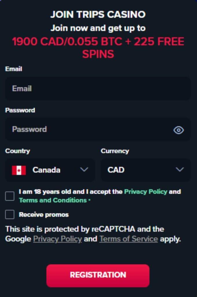 Trips Casino - Register New Player