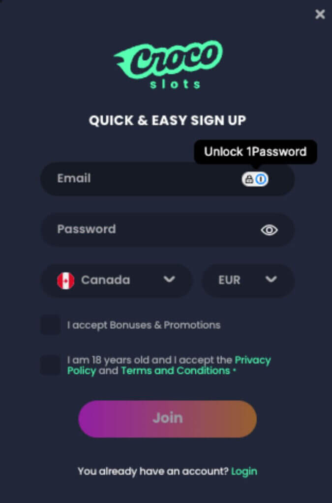 easy registration at crocoslots - canada casino